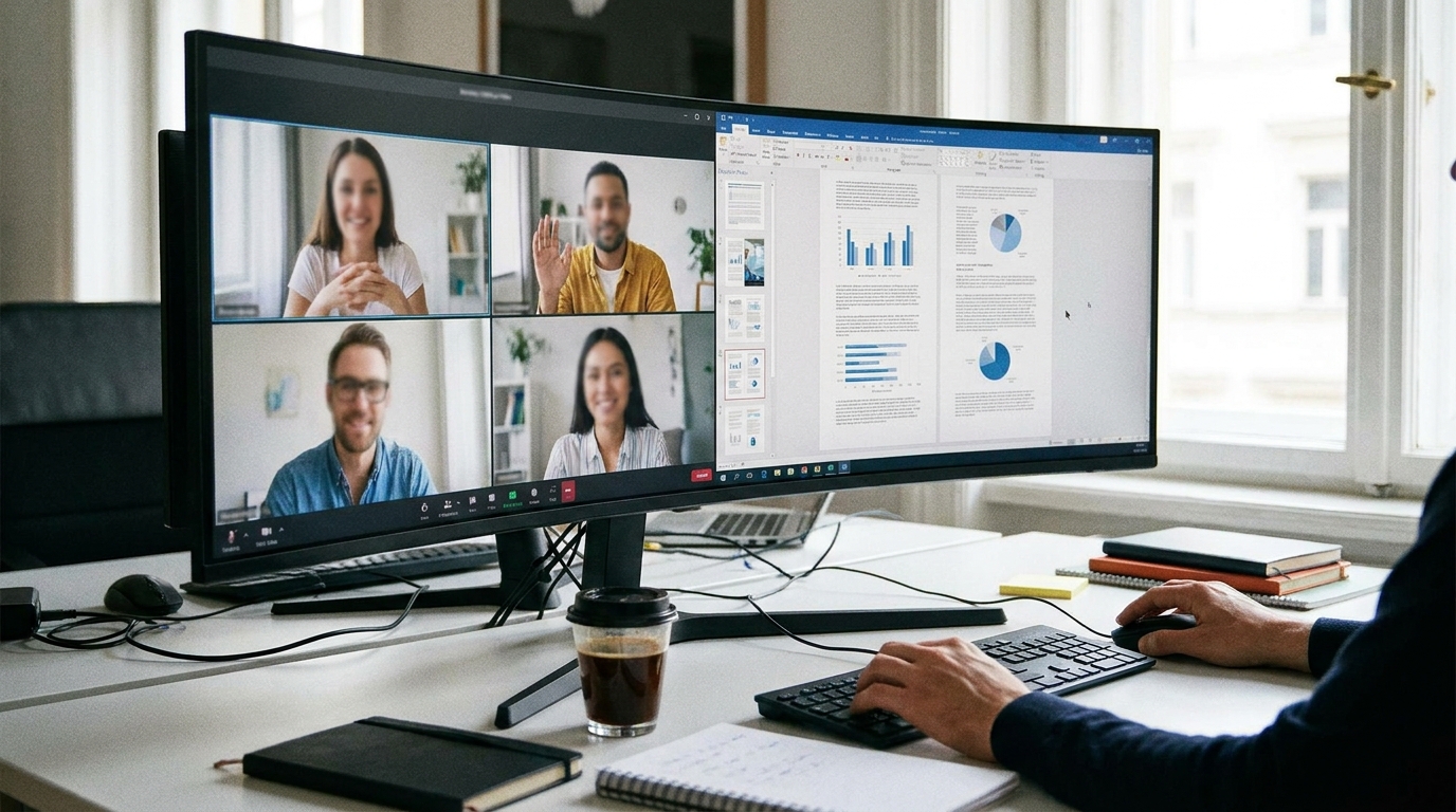 A split-screen view on an ultra-wide monitor showing a video conference on one side and a document on the other