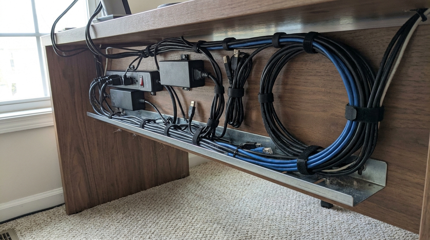 Under-desk view showing a neatly organized cable management tray