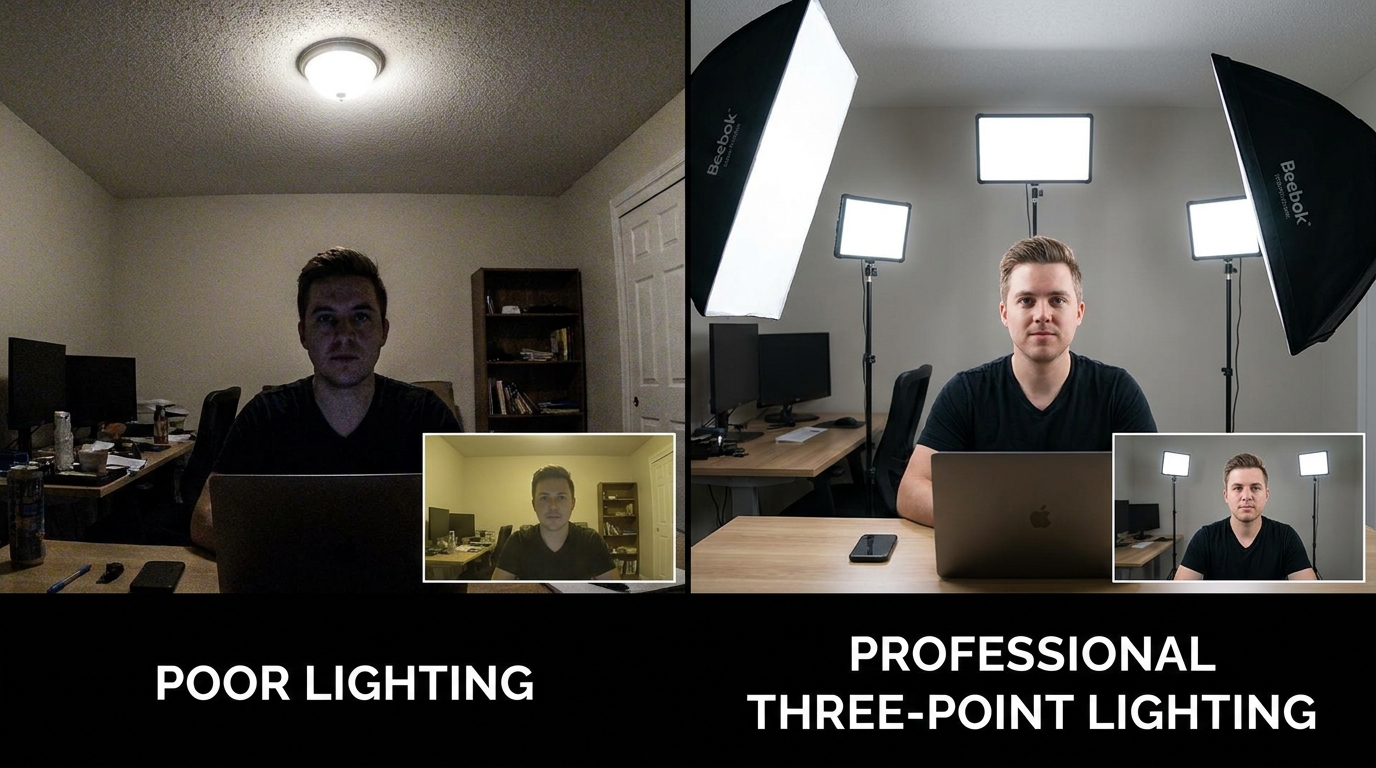 A comparison of poor lighting versus professional three-point lighting in a home office environment