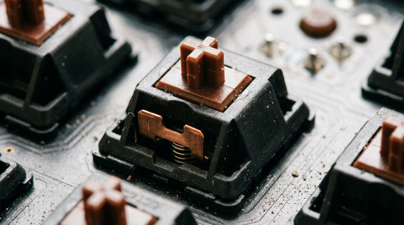 A close-up macro shot of mechanical keyboard switches with the keycap removed